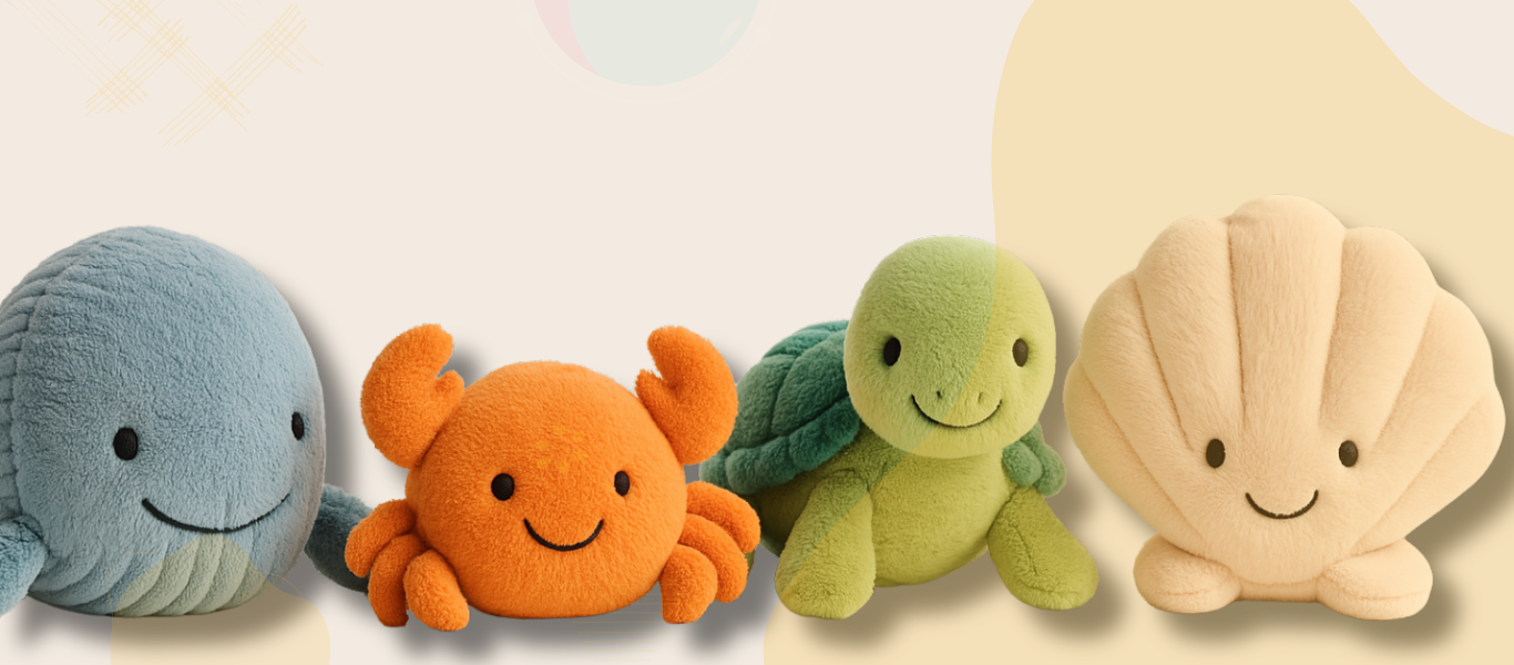 Four vibrant plush sea creature toys – a blue whale, an orange crab, a green turtle, and a pink seashell – displayed on a white surface with a neutral background.